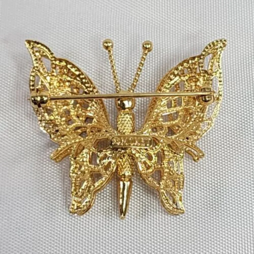Monet Signed Gold Tone Double Winged Butterfly Filigree Brooch Pin Vintage Fancy